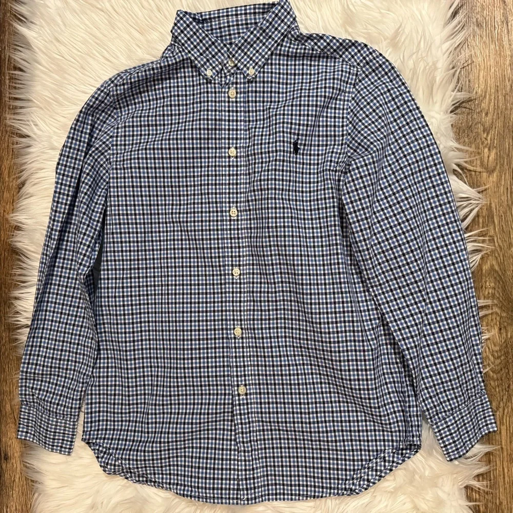 Ralph Lauren Navy Checkered Button Down‎ Shirt Boys Size Large 14/16